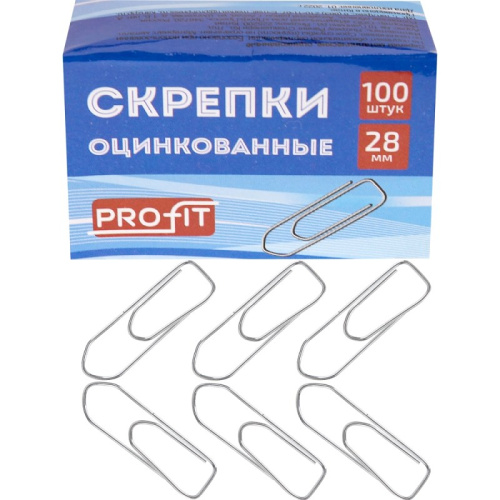 Скрепки 28 мм, 100 шт, прямоугольный профиль, металлические, оцинкованные, картонная упак, "Profit"