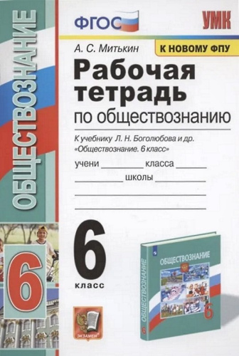 Митькин А.С. Обществознание. 6 кл. Рабочая тетрадь. УМК Боголюбов Л.Н, Иванова Л.Ф. - М.: Экзамен, 2022. - 62 с. - (ФГОС. Учебно-методический комплект). - мягк. обл.