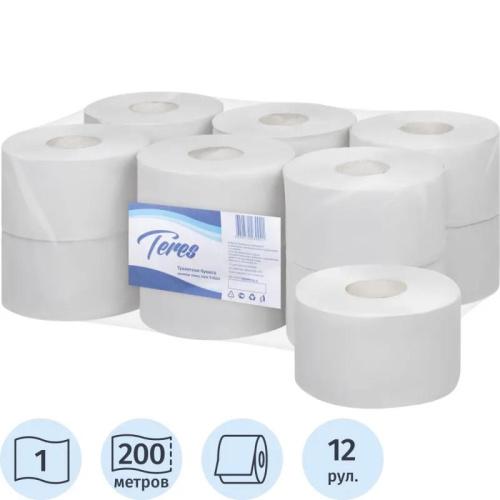 Бумага туалетная для держателей "Tepec mini Econom" 1- слойная, 200 м, h-95 мм, d-160 мм, втулка d-60 мм, упак. 12 рул