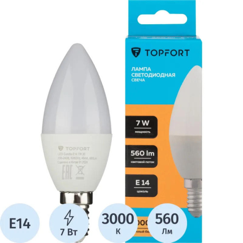 Лампа светодиодная 7W, "свеча", E14, 3000К, теплый белый, 25000 ч, "Topfort"