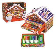 Подарочный набор "Новогодний подарок" 40 предмет: фломастеры 12 цв, карандаши 12 цв, мелки 12 цв, чернографитный карандаш, ластик, точилка, картонный домик, "Heyger", уцененный