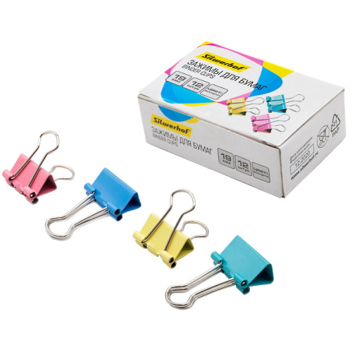 Цветные зажимы металлические 19 мм, до 80 л, 12 шт, картонная упак, "Silwerhof"