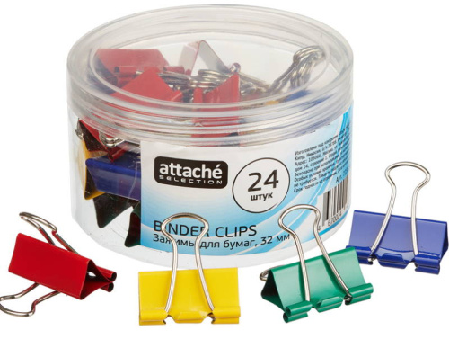 Цветные зажимы металлические 32 мм, до 140 л, 24 шт, пластик. уп, "Attachei"