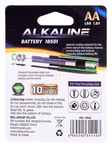 Батарейки AA/LR6, алкалиновые, "Deli", упак. 4 шт. фото 2