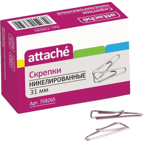 Скрепки 31 мм, 100 шт, треугольные, загнутый край, никелированные, картонная упак, "Attache"