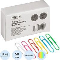 Скрепки 50 мм, 50 шт, округлые, металлические, цветное полимерное покрытие, картонная упак, "Attache"