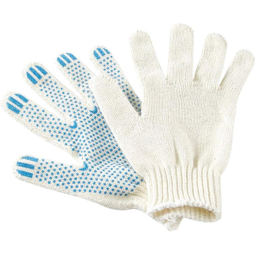 Перчатки хозяйственные трикотажные, 2-х ниточные, частичное точечное латексное покрытие ладони и кончиков пальцев, 7 класс, ГОСТ 12.4.252-2013