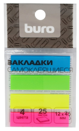 Пластиковые закладки 4 цв.* 25 л, липкий слой, 12*45 мм, "BURO"