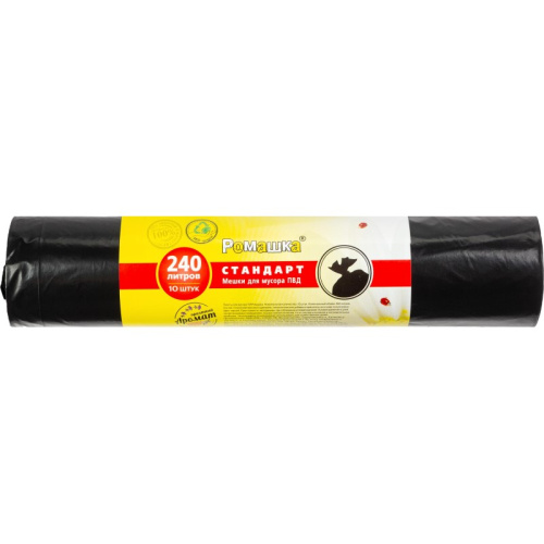 Мешки для мусора "Стандарт" 240 л, 900*1300 мм, ПВД 30 мкм, ароматизированные, черные, рулон 10 шт, "Ромашка"