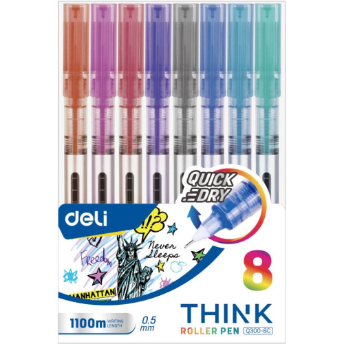 Ручки роллеры 8 цв. "Think", одноразовые, 0,5 мм, "Deli"