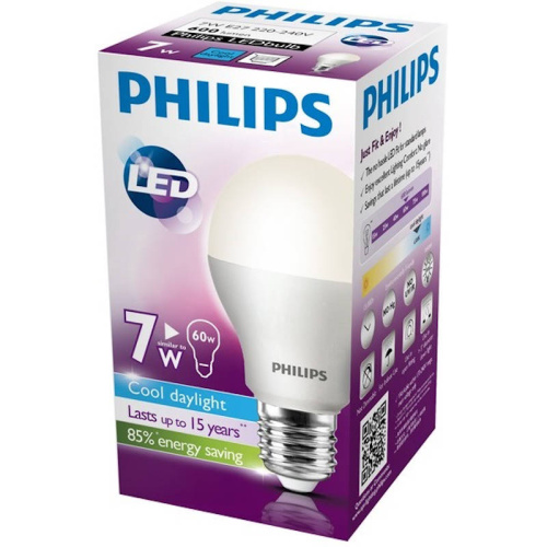 Светодиодная лампа "LEDBulb" 7W E27 6500K 230V станд. колба, "Philips"
