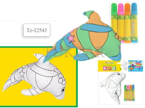 Дельфин: тряпичная игрушка для раскрашивания стираемая, размер 19*12*7 см, + 4 фломастера в наборе, "Tukzar"