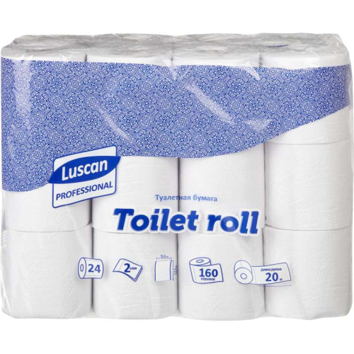 Бумага туалетная 2-х слойная "Luscan Professional", 160 л, перфорация, лист 96*125 мм, 20 м, втулка d-45 мм, рулон d-96 мм, упак. 24 рулонов