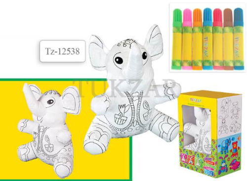 Слон: тряпичная игрушка для раскрашивания стираемая, размер 170*150*60 мм, + 7 цветных фломастера в наборе, для детей от 3-х лет. - "Tukzar" фото 2